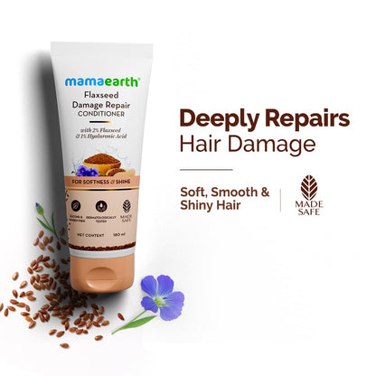 Mamaearth Flaxseed Damage Repair Conditioner with 2% Flaxseed, 1% Hyaluronic Acid, Ceramides | Makes Hair Soft, Smooth & Shiny | Deeply Conditions | Dry & Frizzy Hair | Sulphate & Paraben Free | 180 ml