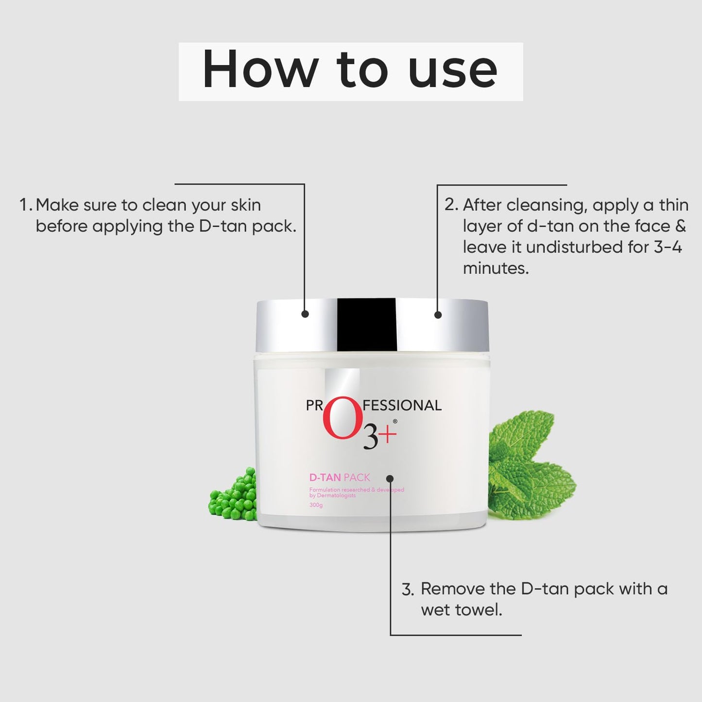 Instructions for using a D-tan pack with a jar of the product on a white background