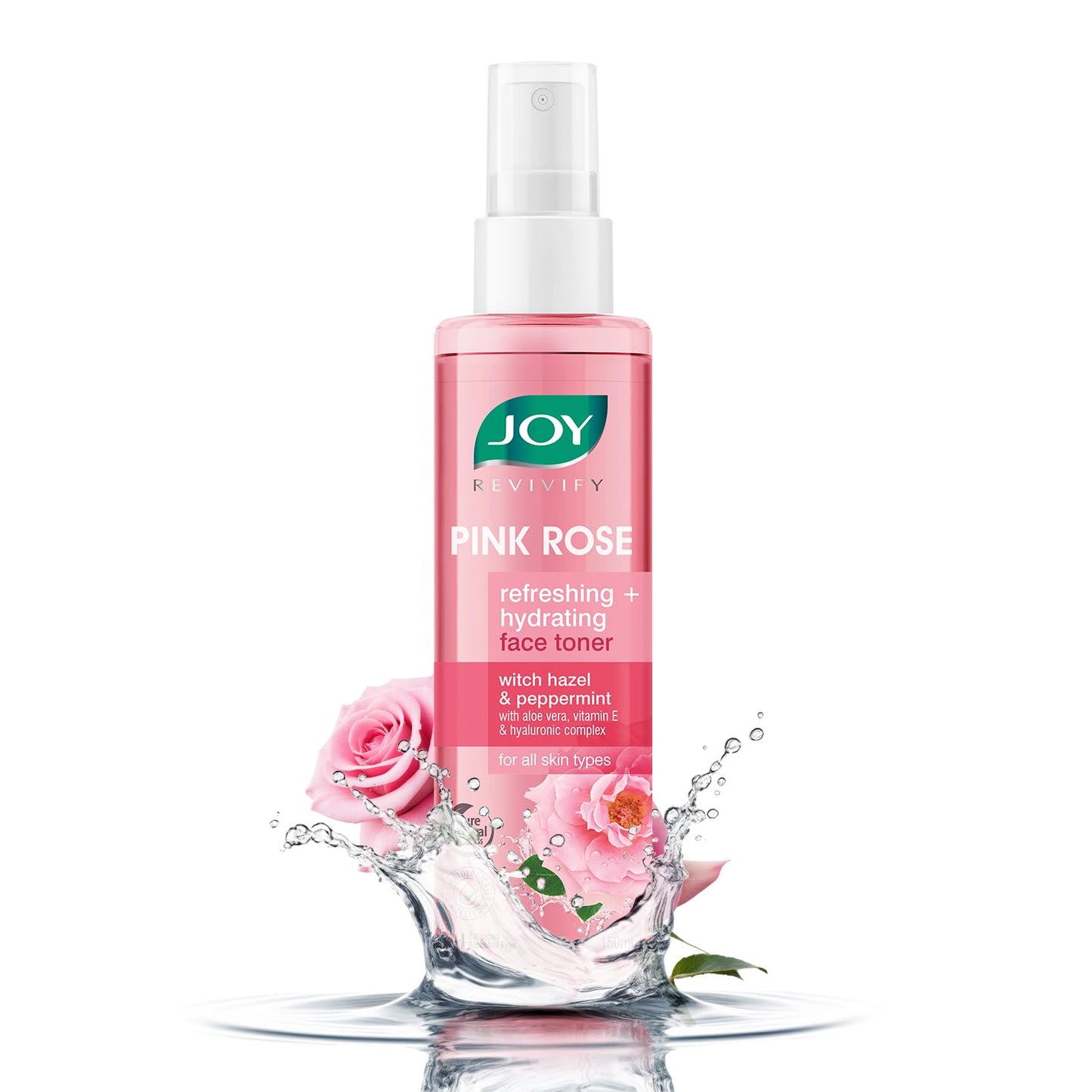 JOY Pink Rose refreshing and hydrating face toner bottle with floral design on a white background