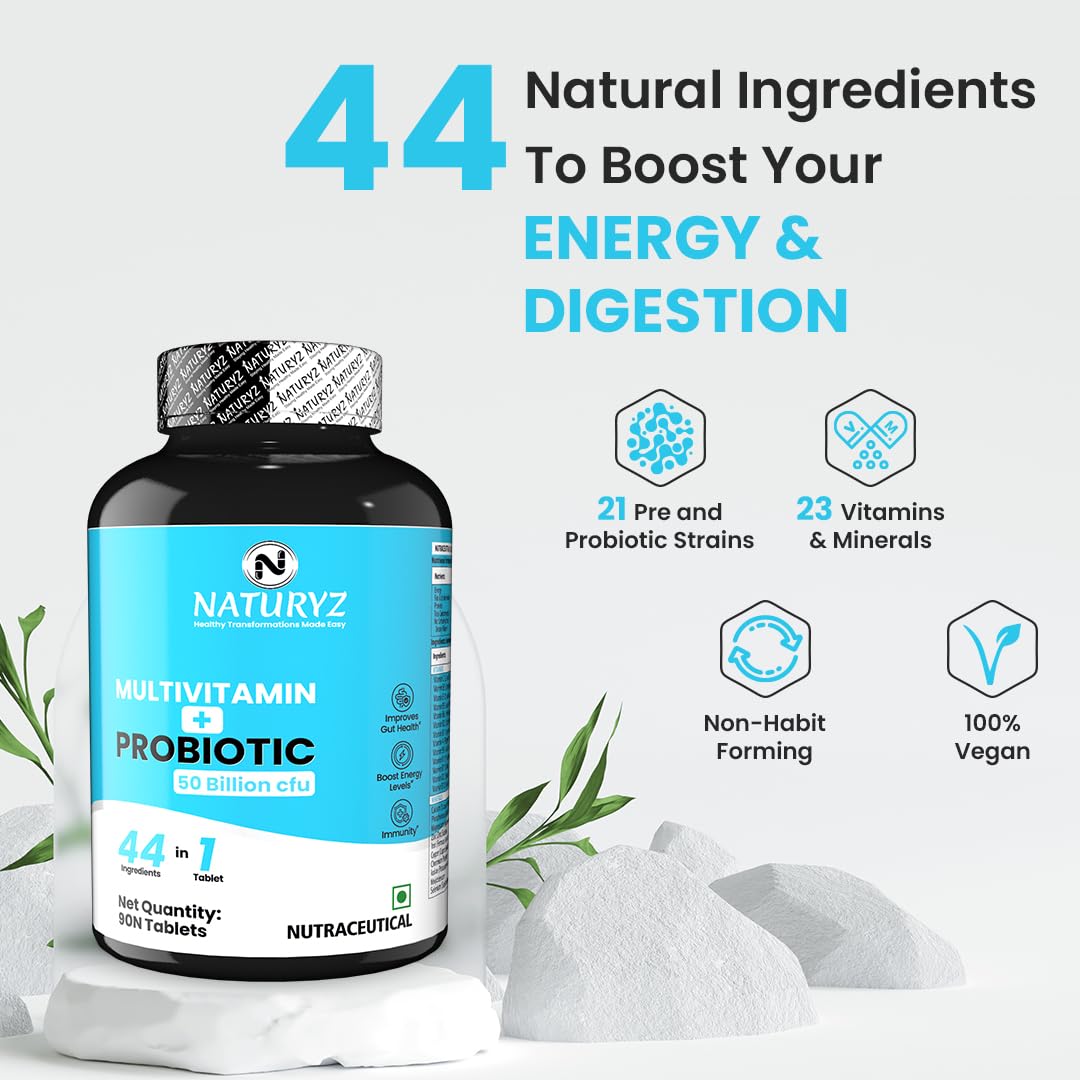 Naturyz multivitamin and probiotic supplement bottle with product details on a white background