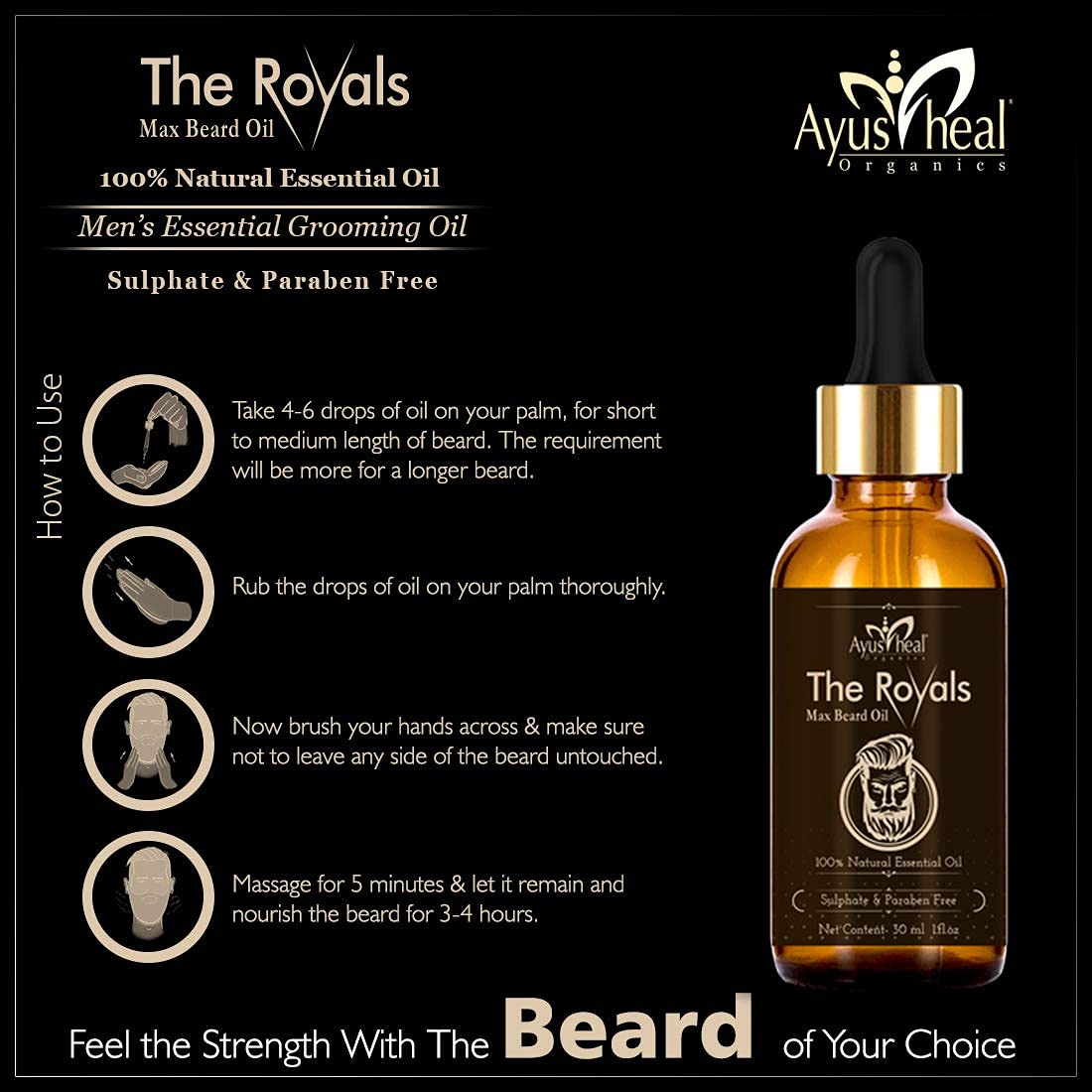 Ayushayal The Royals Max Beard Oil bottle with usage instructions on a black background