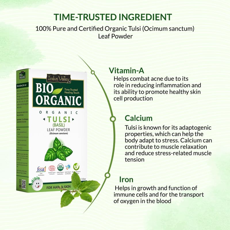Bio Organic Tulsi leaf powder packaging with health benefits text on a light green background