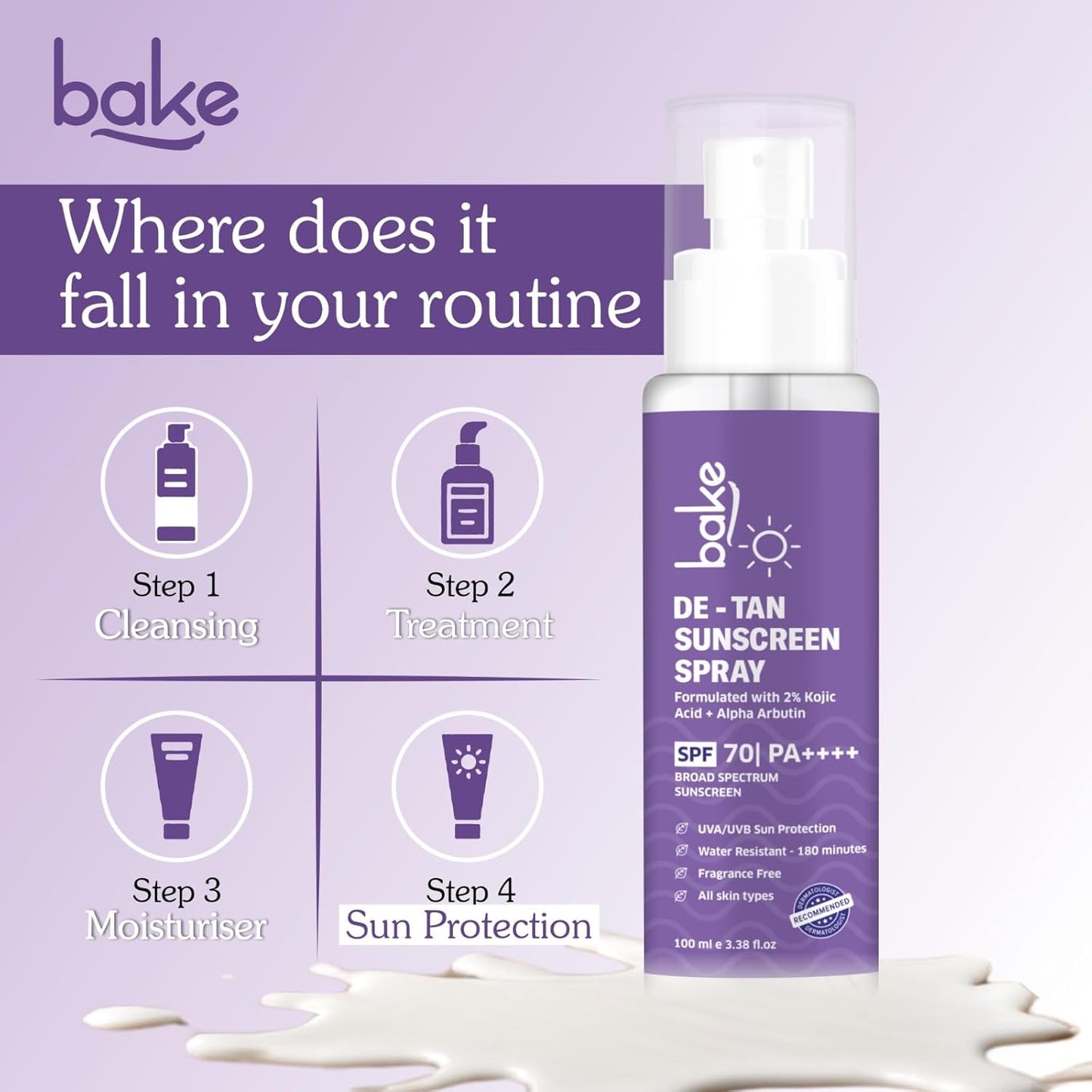 BAKE Spf 70 Sunscreen Spray Pa++++|Waterproof - 180 Minutes|With 2% Kojic Acid & Alpha Arbutin,Sweat Resistant|For Tan Removal,Pigmentation & Uva/B Sun Protection|No Whitecast,Lightweight - 100Ml,All