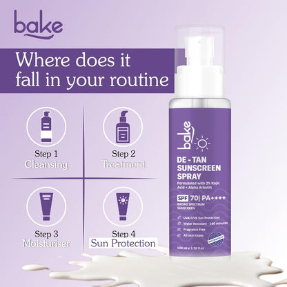 BAKE Spf 70 Sunscreen Spray Pa++++|Waterproof - 180 Minutes|With 2% Kojic Acid & Alpha Arbutin,Sweat Resistant|For Tan Removal,Pigmentation & Uva/B Sun Protection|No Whitecast,Lightweight - 100Ml,All