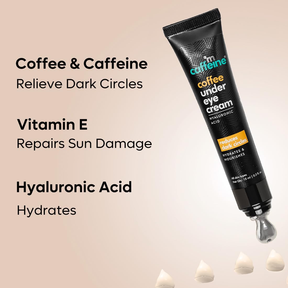 M. etienne coffee under eye cream tube with benefits listed on a beige background