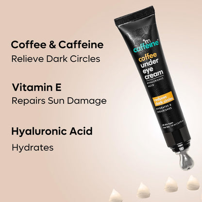 M. etienne coffee under eye cream tube with benefits listed on a beige background