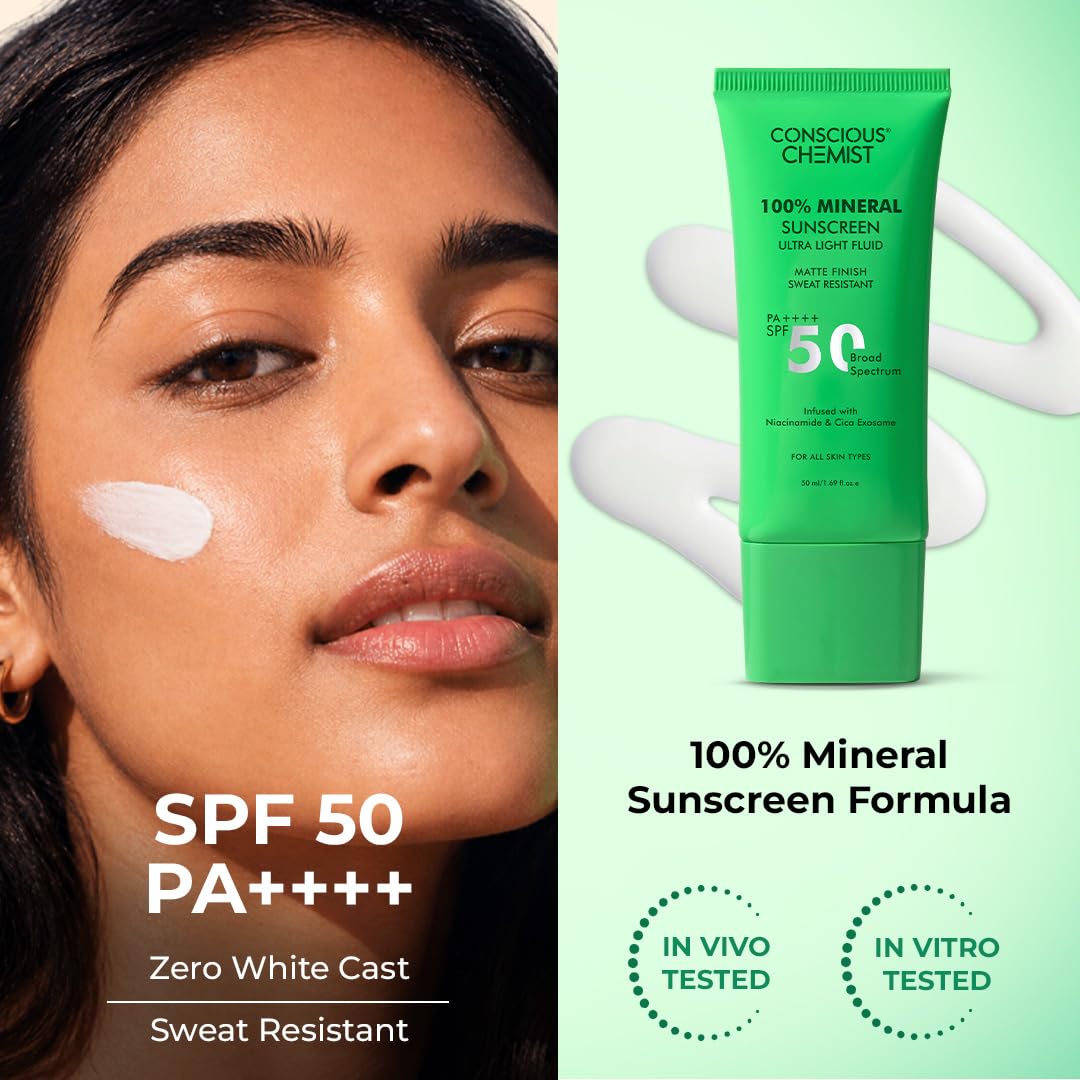 Green sunscreen tube with a woman's face showing sunscreen application, labeled SPF 50 PA++++.