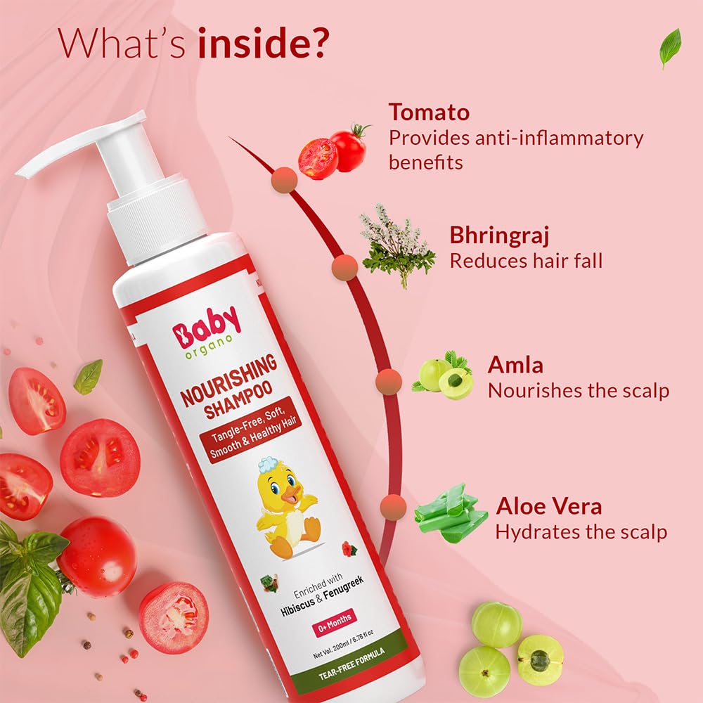 BabyOrgano Baby Shampoo for Kids 0+ years | Hair Growth & Nourishment | Methi Amla Shikakai Aloe Vera & Tomato | Tear Free | Sulphate Paraben & Soap Free | FDCA Approved | 200ml (Pack of 1)