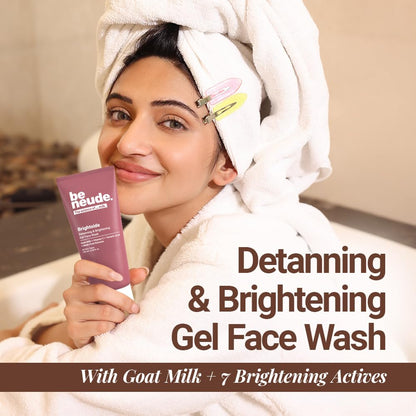 Be Neude Brightside 100ml Detan & Brightening Gel Face Wash with Goat Milk, Vitamin C & Tartaric Acid for Dark Spot Removal, Pigmentation & Glow, Face Wash for Men & Women