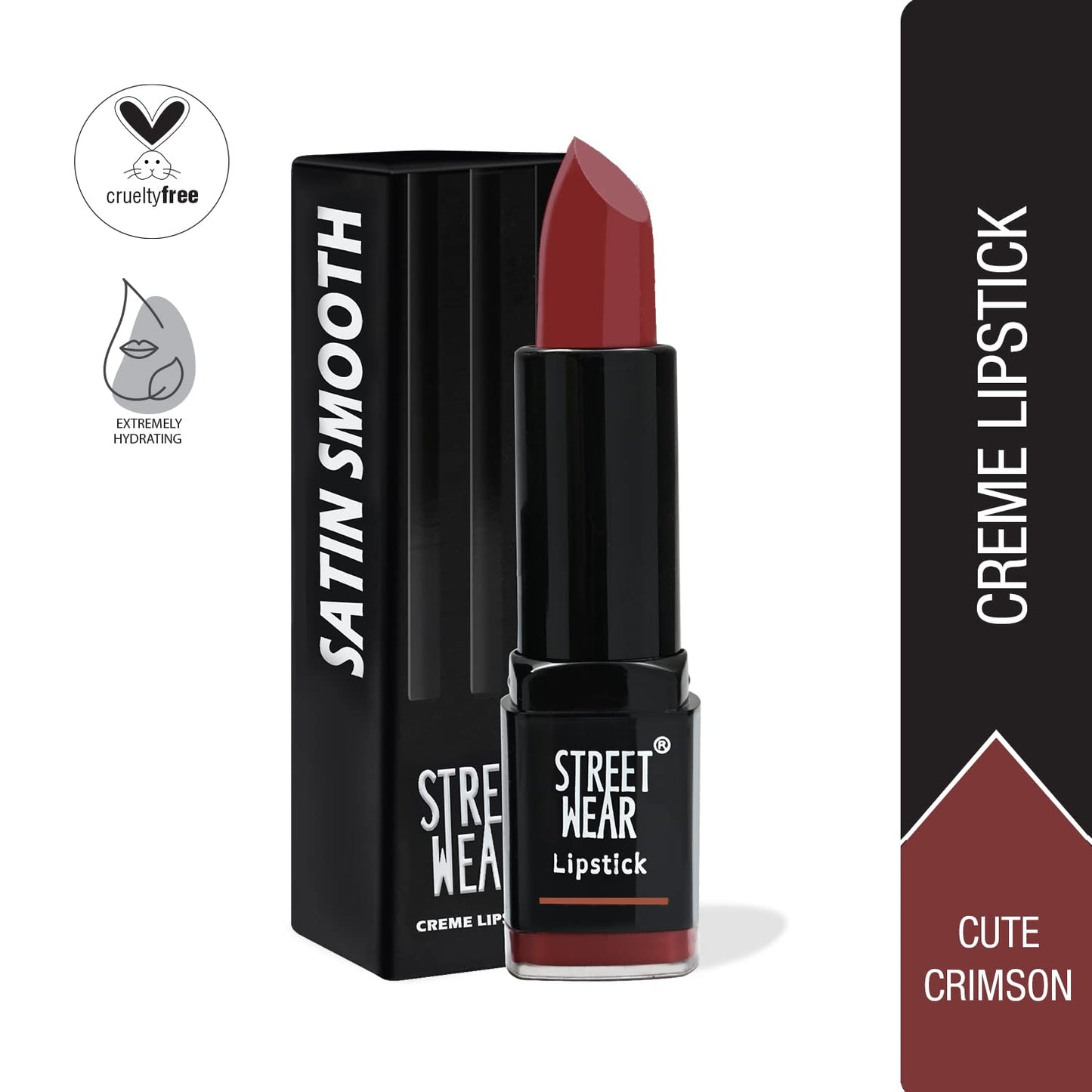 STREET WEAR Satin Smooth Lipstick -CUTE CRIMSON (Berry) - 4.2 gms - Longwear Creme Lipstick, Moisturizing, Creamy Formuation, 100% Color payoff, Enriched with Aloe vera, Vitamin E and Shea Butter