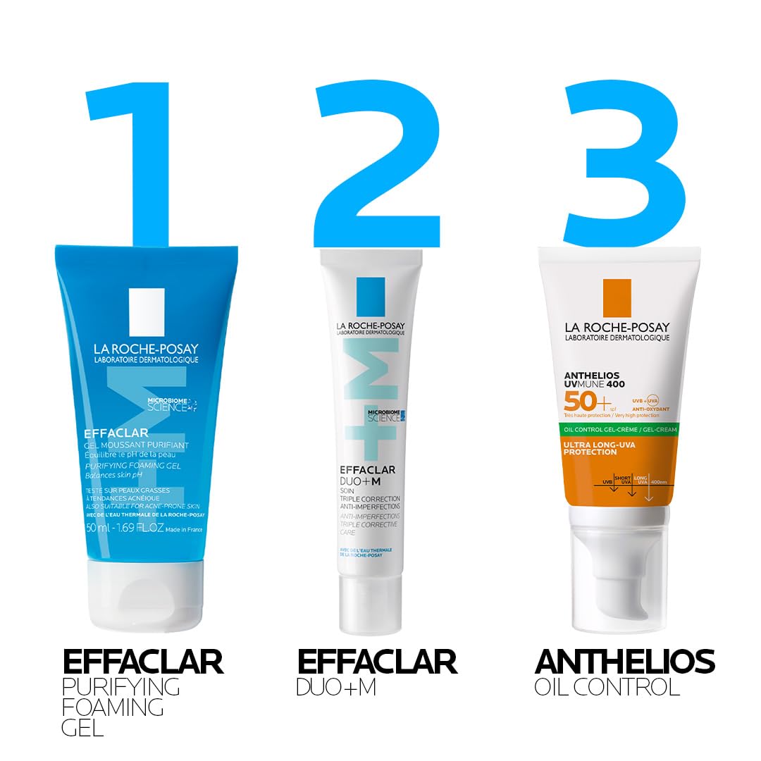 Three La Roche-Posay skincare products with labeled numbers on a white background