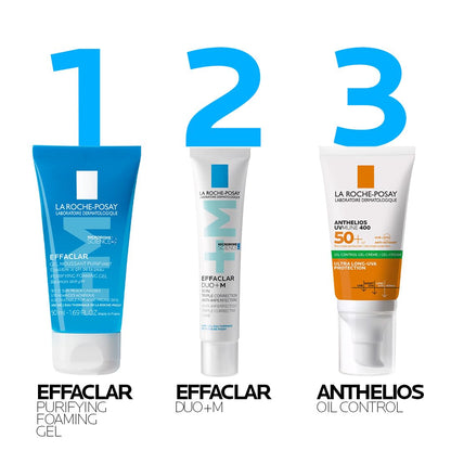 Three La Roche-Posay skincare products with labeled numbers on a white background