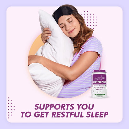 Woman sleeping with a pillow, wearing a sleep mask, next to a bottle of L-Tryptophan supplement on a light purple background.