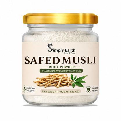 Simply Earth Organic Safed Musli Root Powder | Ayurvedic for Stamina, Performance & Energy | Siva Musli Podi/Shweta Musli Hudi | No Added Preservatives - 100 GM