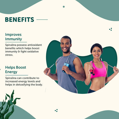 Two people using jump ropes with text about the benefits of spirulina on a green and white background.