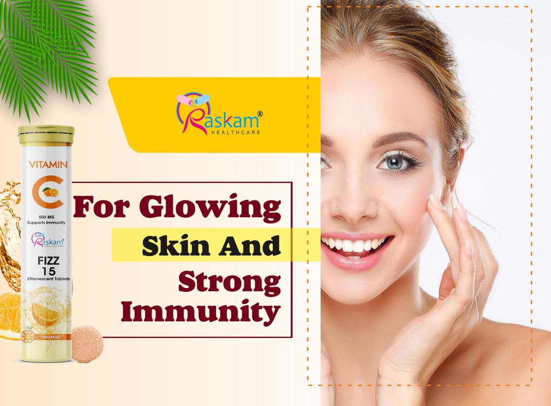 Vitamin C supplement with Raskam Healthcare branding for glowing skin and strong immunity, alongside a woman with a happy expression.