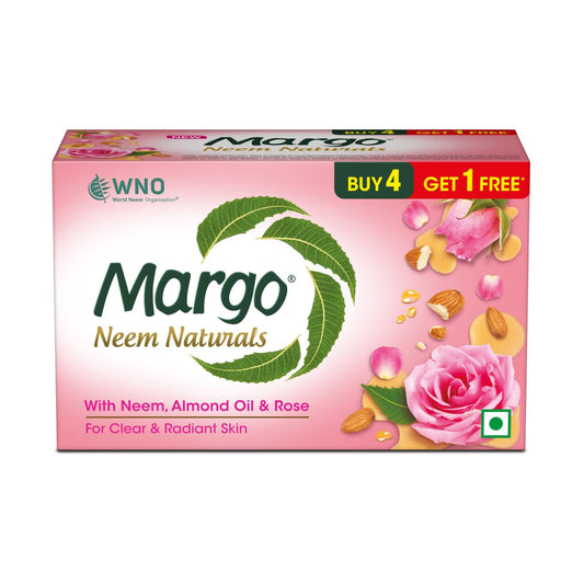Margo Neem Naturals Soap with Goodness of 1000 Neem Leaves (100gm X Pack of 5) | Enriched With Almond Oil & Rose | Soap for Clear & Radiant Skin [100GM X 5]