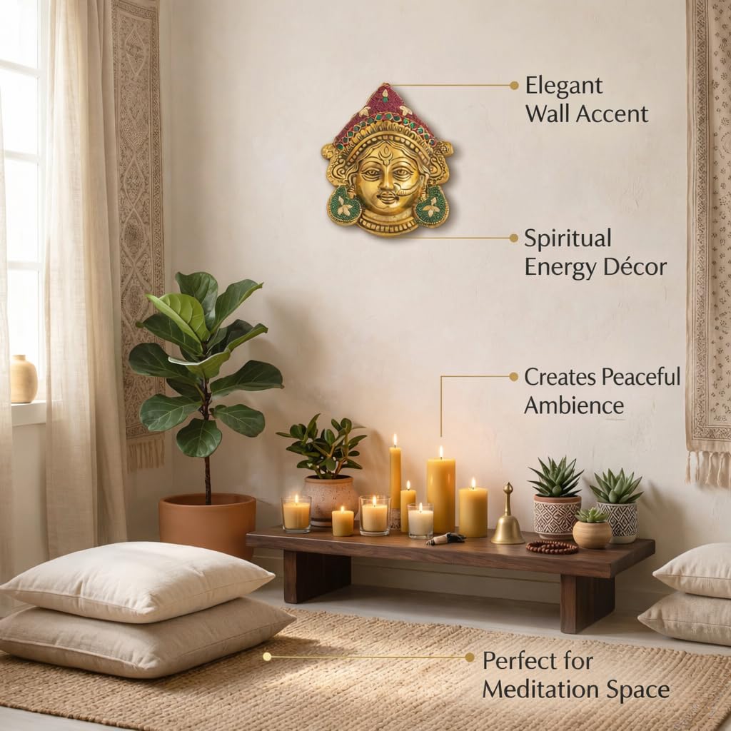 Kalakriti Goddess Durga Face Wall Hanging Navratri Decorative Idol | Golden Finish Beaded Hindu Ambe MATA Bengali Devi Mask for Home Temple, Living Room & Festive Decor (Durga Face)