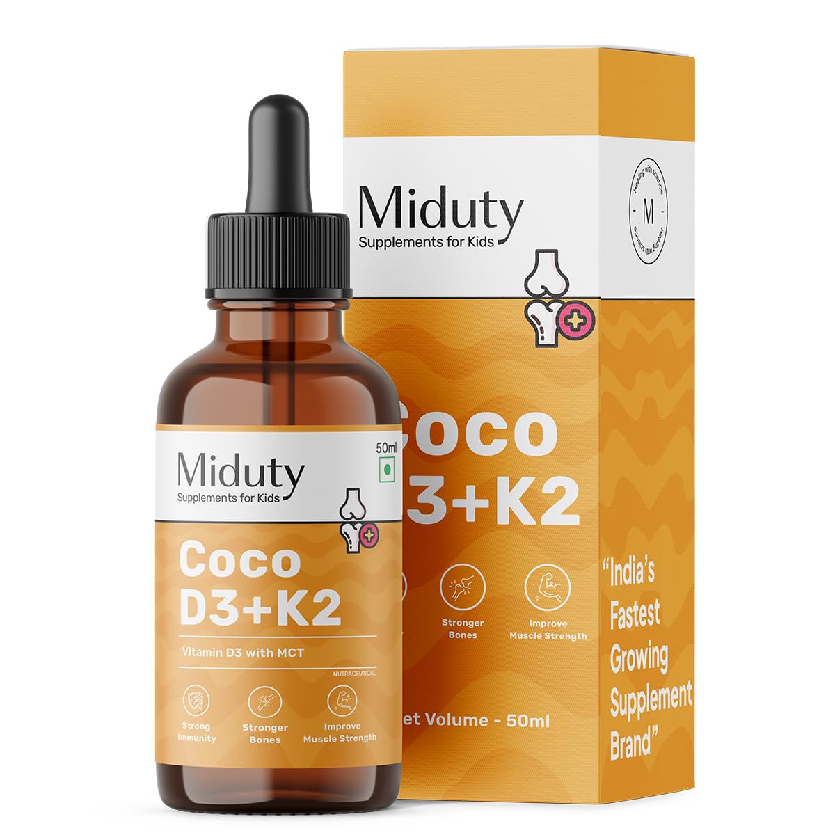 Miduty Coco D3 + K2 Vitamin D3 Drops for Babies & Kids | 600 IU D3 with MK-7 (K2) | Cholecalciferol + MK-7 for Stronger Bones, Teeth, Joints & Immunity | 50 ml