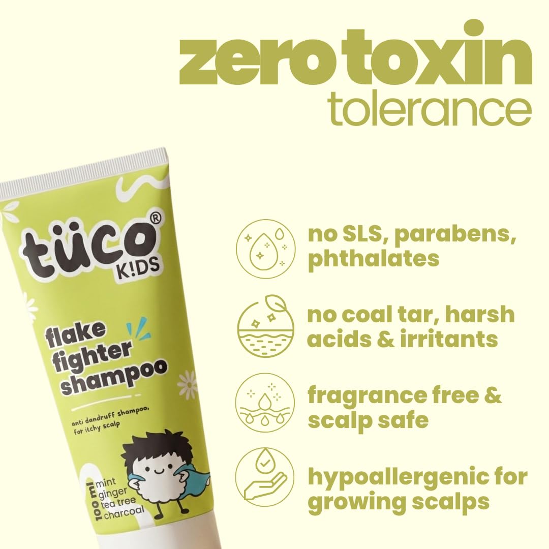 Töuco Kids Flake Fighter Shampoo tube with zero toxin tolerance claims on a white background