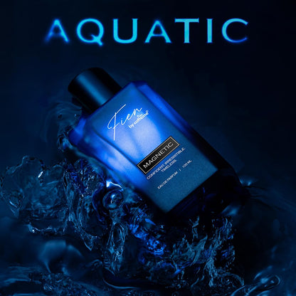 Blue perfume bottle with 'Aquatic' text on a dark background