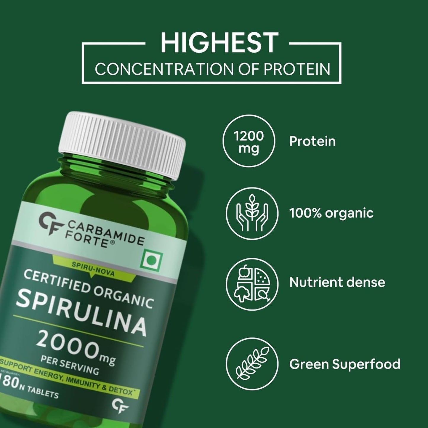 Carbamide Forte 100% Organic Spirulina Tablets 2000 mg Per Serving - Spirulina Powder Organic Tablets | Supports Energy, Immunity & Detox | Certified Spirulina Tablet - 180 Tablets