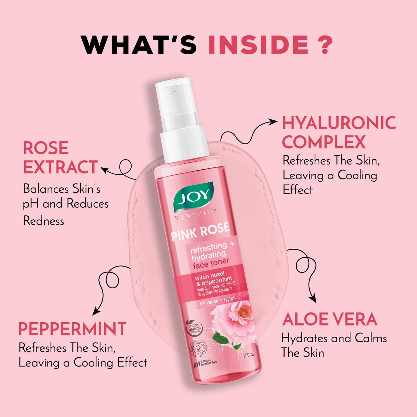 JOY Pink Rose toner bottle with ingredients listed on a pink background