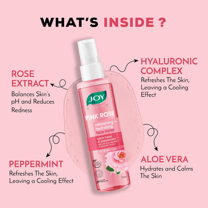 JOY Pink Rose toner bottle with ingredients listed on a pink background