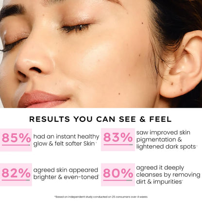 Close-up of a person's face with text highlighting skincare product results.