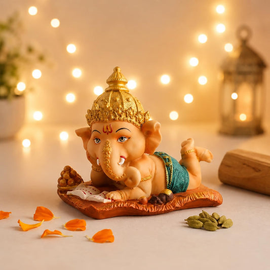 Resin Cute Bal Ganesha Decorative Statue for Home Decor - (Set of 1 Piece, Multicolor)