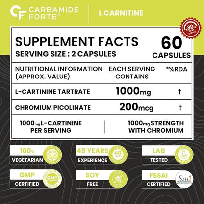 Supplement facts label for Carbamide Forte L Carnitine capsules with nutritional information and certification logos.