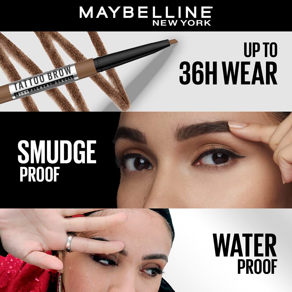 Maybelline New York Tattoo Brow 36h Brow Pencil - Natural Brown, Creamy Powder Texture, Precision Tip. Maybelline New York Tattoo Brow Eyebrow Pencil Lasts Up To 36Hr, Smudge & Water-proof | 0.25 g