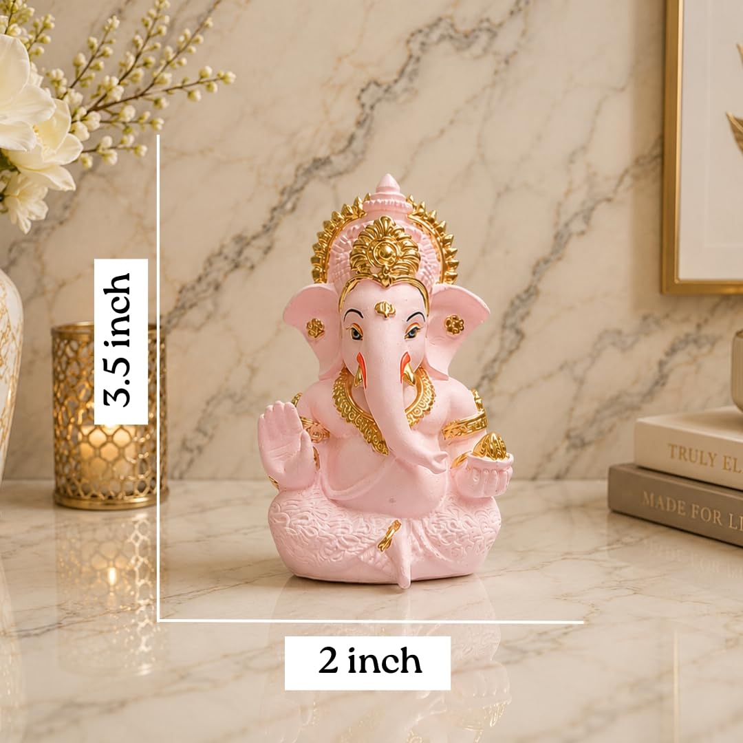 Gold Art India Pink Finish Lord Ganesha Idol for Car Dashboard & Home Decor | Ganpati Murti for Puja Room & Office Desk | Decorative Gift Figurine (3.5 Inches)