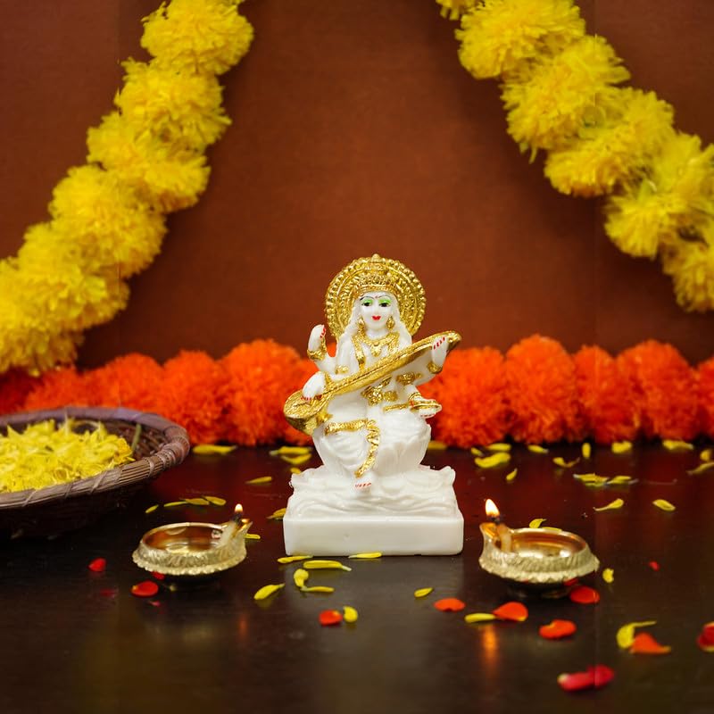 Aura Series Marble Dust Maa Saraswati Idol (5 inch) | Gold Plated Saraswati Maa Murti for Study Table, Pooja Room & Home Decor | Resin Saraswathi Devi Pital Idol | Saraswati Statue for Gifting