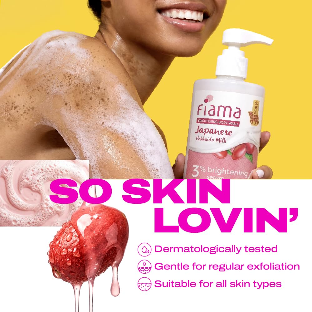 Fiama 3% Brightening Serum Body Wash 250ml | 2% Niacinamide, 1% Glycolic Acid, Omega 3 & 6 Fatty Acids Shower Gel, Fights Dullness & Evens Skin tone | Exotic Japanese Hokkaido Milk, Raspberry Smoothie Fragrance