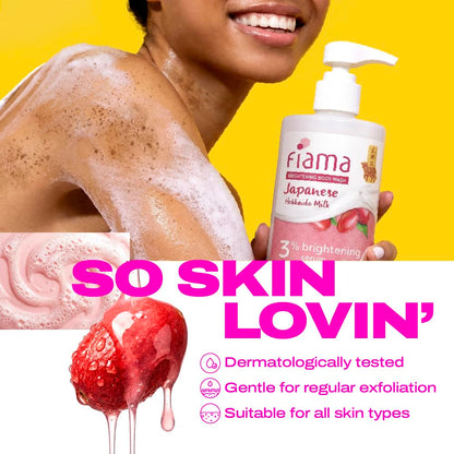 Fiama 3% Brightening Serum Body Wash 250ml | 2% Niacinamide, 1% Glycolic Acid, Omega 3 & 6 Fatty Acids Shower Gel, Fights Dullness & Evens Skin tone | Exotic Japanese Hokkaido Milk, Raspberry Smoothie Fragrance