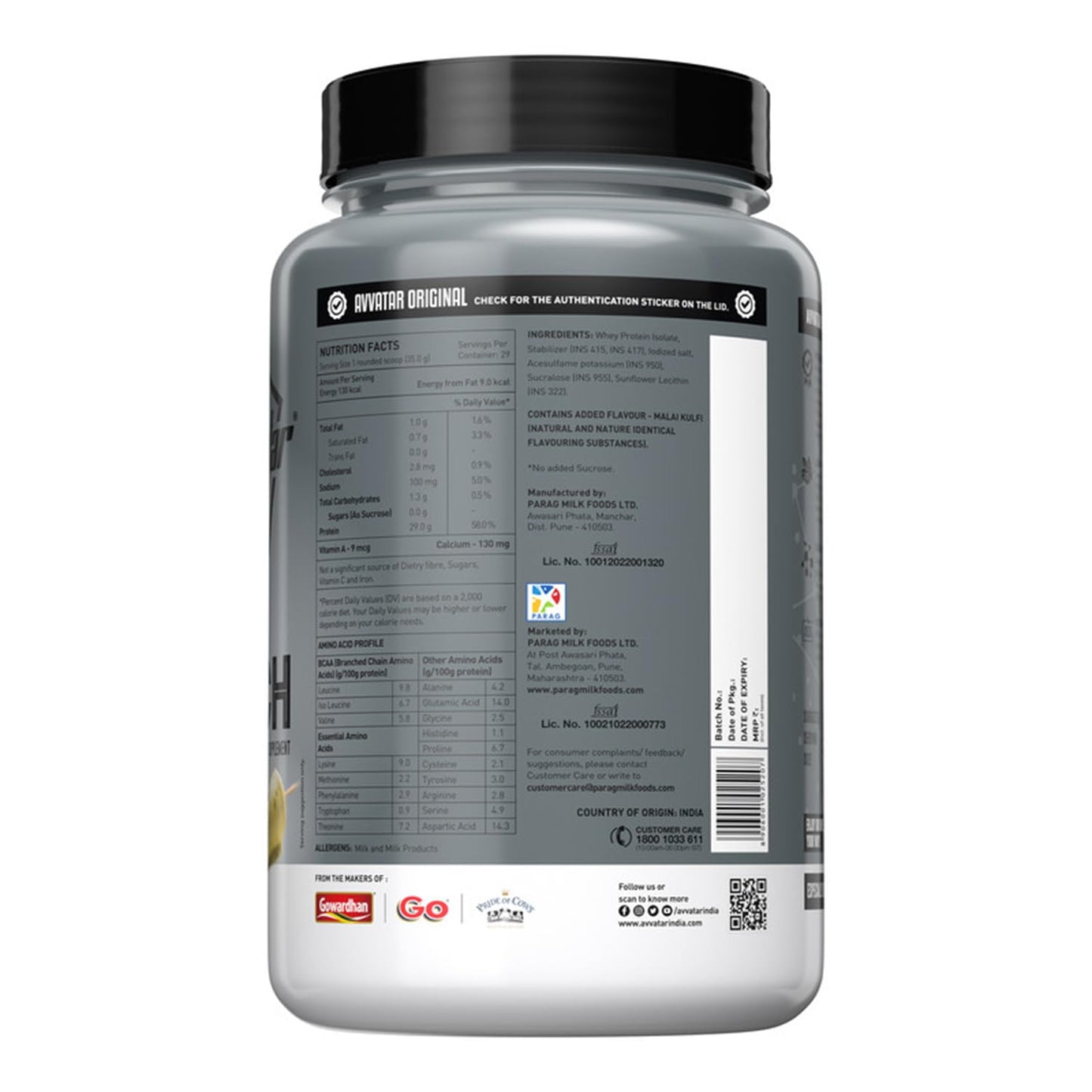 Back view of a protein supplement container with labels and nutritional information.