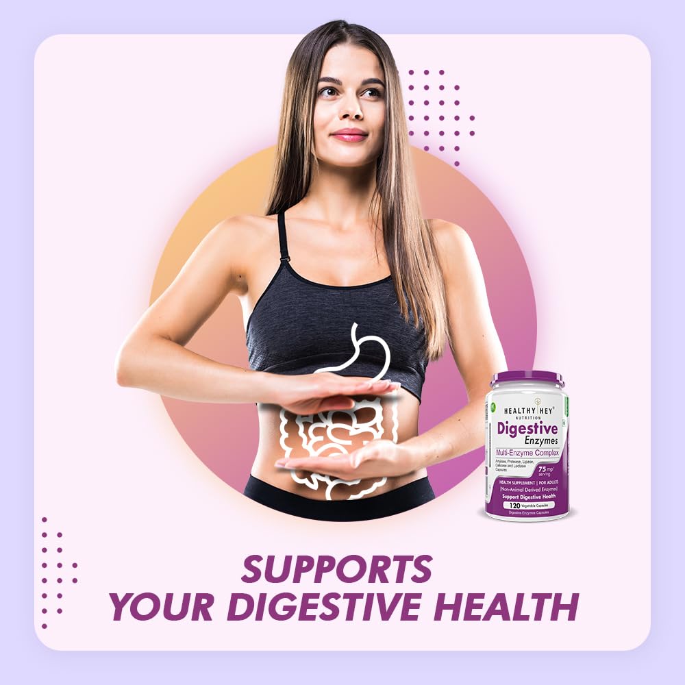 Woman with digestive system illustration holding a supplement bottle on a colorful background