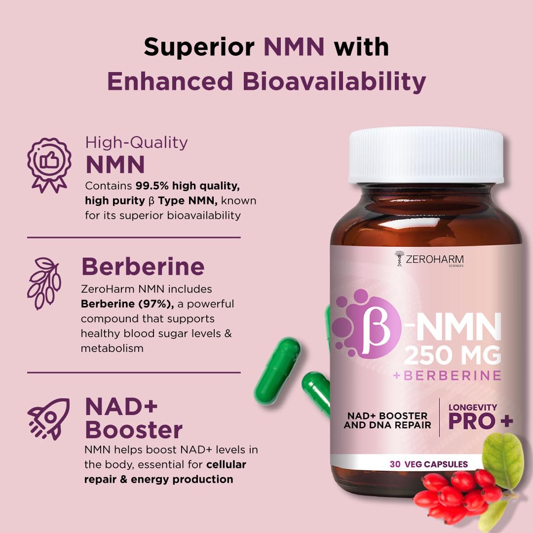 ZEROHARM NMN 250 MG + Berberine Capsules | Longevity Supplement | 99.5% Pure NMN | Boosts Energy, Focus & Cellular Health | Healthy Ageing | NAD+ Booster | 30 Capsules | For Men & Women