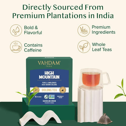VAHDAM, High Mountain Oolong Tea Bags (15 Count) Non-GMO, Gluten-Free | Naturally High Grown Oolong Tea Leaves - Light & Floral | Individually Wrapped Pyramid Tea Bags | Direct from Source
