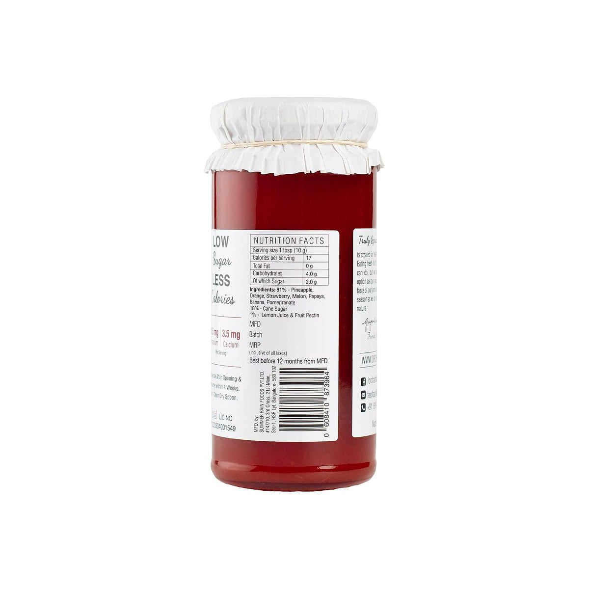 Orchard Lane Low Sugar Mixed Fruit Jam - 81% fruit- No preservatives or colours, only 7 calories per teaspoon | Nutritious spread FOR ALL AGES | Non-fattening jam- 280 grams