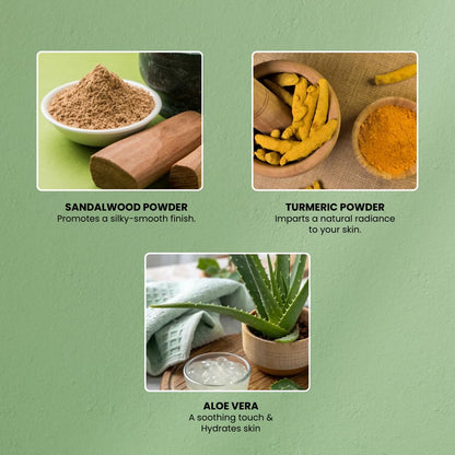 Promotional graphic for sandalwood, turmeric, and aloe vera powders with text on a green background.
