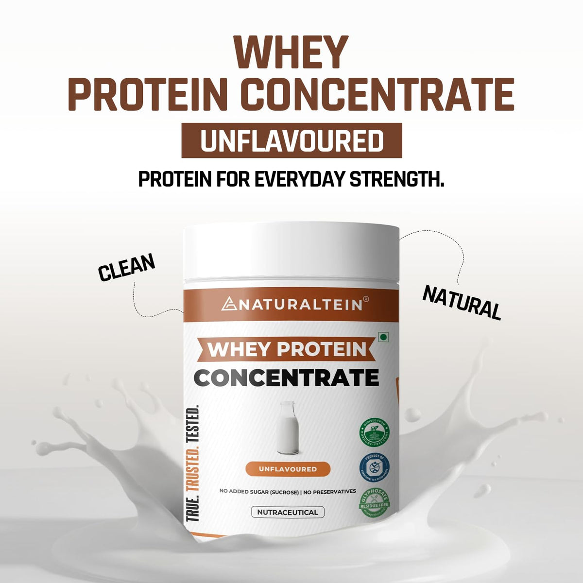 Naturaltein whey protein concentrate container with text on a white background
