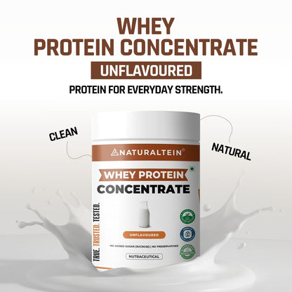 Naturaltein whey protein concentrate container with text on a white background