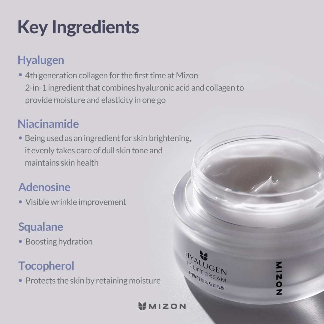 MIZON Hyalugen Le Lift Cream with Hyaluronic Acid and Marine Collagen Deep Hydration Total Care Youthful Skin Revitalizing Korean Skincare - 50 ml