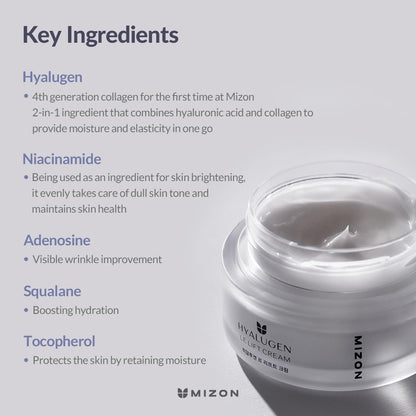 MIZON Hyalugen Le Lift Cream with Hyaluronic Acid and Marine Collagen Deep Hydration Total Care Youthful Skin Revitalizing Korean Skincare - 50 ml