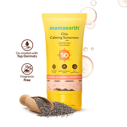 Mamaearth Chia Calming Sunscreen with Chia Seed & Ceramides for Hydrated Glow & Sun Protection | SPF 50 PA++++ | Co-Created With Top Dermats | For Dry to Normal, Sensitive Skin | Healthy Skin Barrier | In-Vivo tested | 50 g