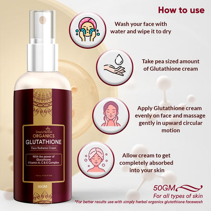 Simply Herbal Organics L Glutathione Face Cream with Vitamin A, C & E for All Skin Type, Anti Aging, Dark Spots removal, Skin Radiance, Pigmentation and Skin Care Cream, 50gm