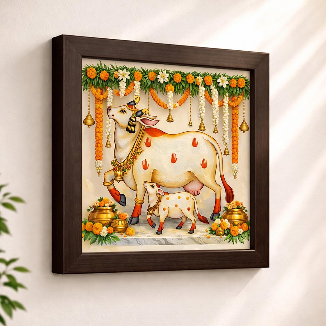 Kamdhenu Divine Vastu Sacred Cow Calf Hindu Spiritual Religious Pooja Mandir Traditional Indian Framed Poster Artwork Decor Painting