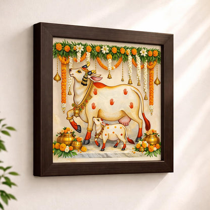 Kamdhenu Divine Vastu Sacred Cow Calf Hindu Spiritual Religious Pooja Mandir Traditional Indian Framed Poster Artwork Decor Painting
